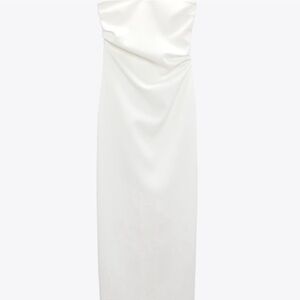 NWT Zara White Ruched Strapless Midi Dress XS